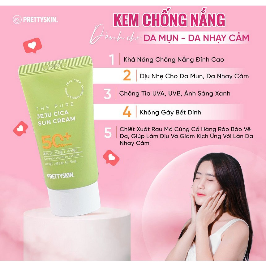 Kem Chống Nắng Rau Má JEJU CICA Prettyskin Dành Cho Da Nhạy Cảm SPF50+ PA++++