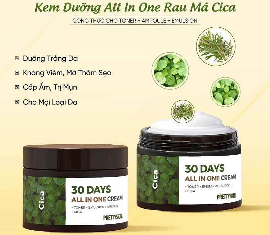 Kem dưỡng rau má Pretty Skin Cica 30 Days All In One Cream