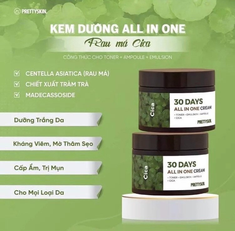 Kem dưỡng rau má Pretty Skin Cica 30 Days All In One Cream