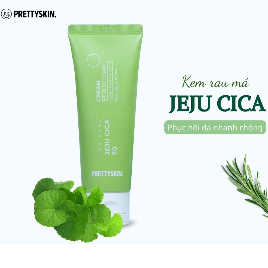 Kem dưỡng rau má PrettySkin The Pure Jeju Cica 70 Cream 50ml - làm dịu và lành da, hạn chế các vết thâm
