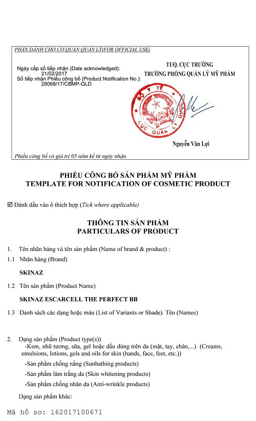 Thông tin công bố sản phẩm